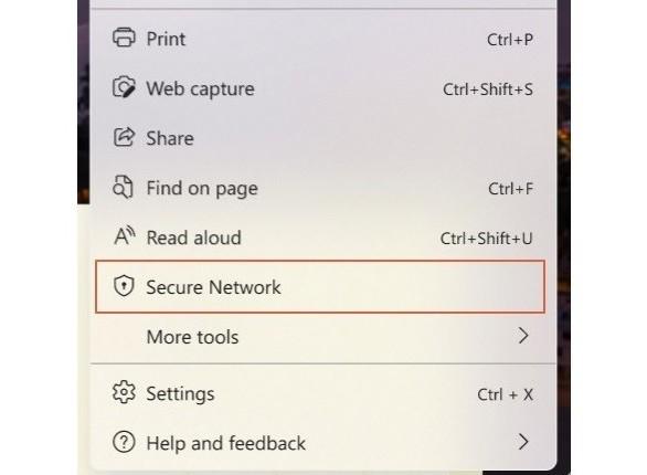 The Secure Network option can be accessed from the settings menu of the Canary version of MS Edge.
