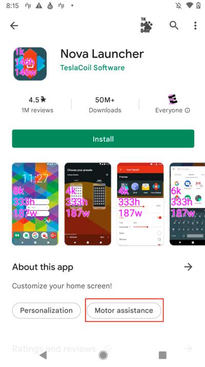 Exemplo de app sinalizado com a tag de assistência motora na Play Store.