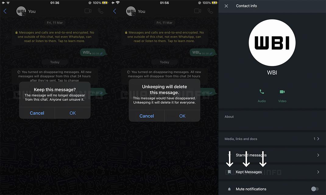 Avisos para manter ou retirar uma mensagem salva do chat (à esquerda) e a nova seção para acessar mensagens salvas (à direita) (Fonte: WABetaInfo/Reprodução)