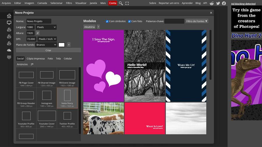 The online image editor offers many custom-sized templates for various social networks such as Instagram, Twitter, and Facebook.