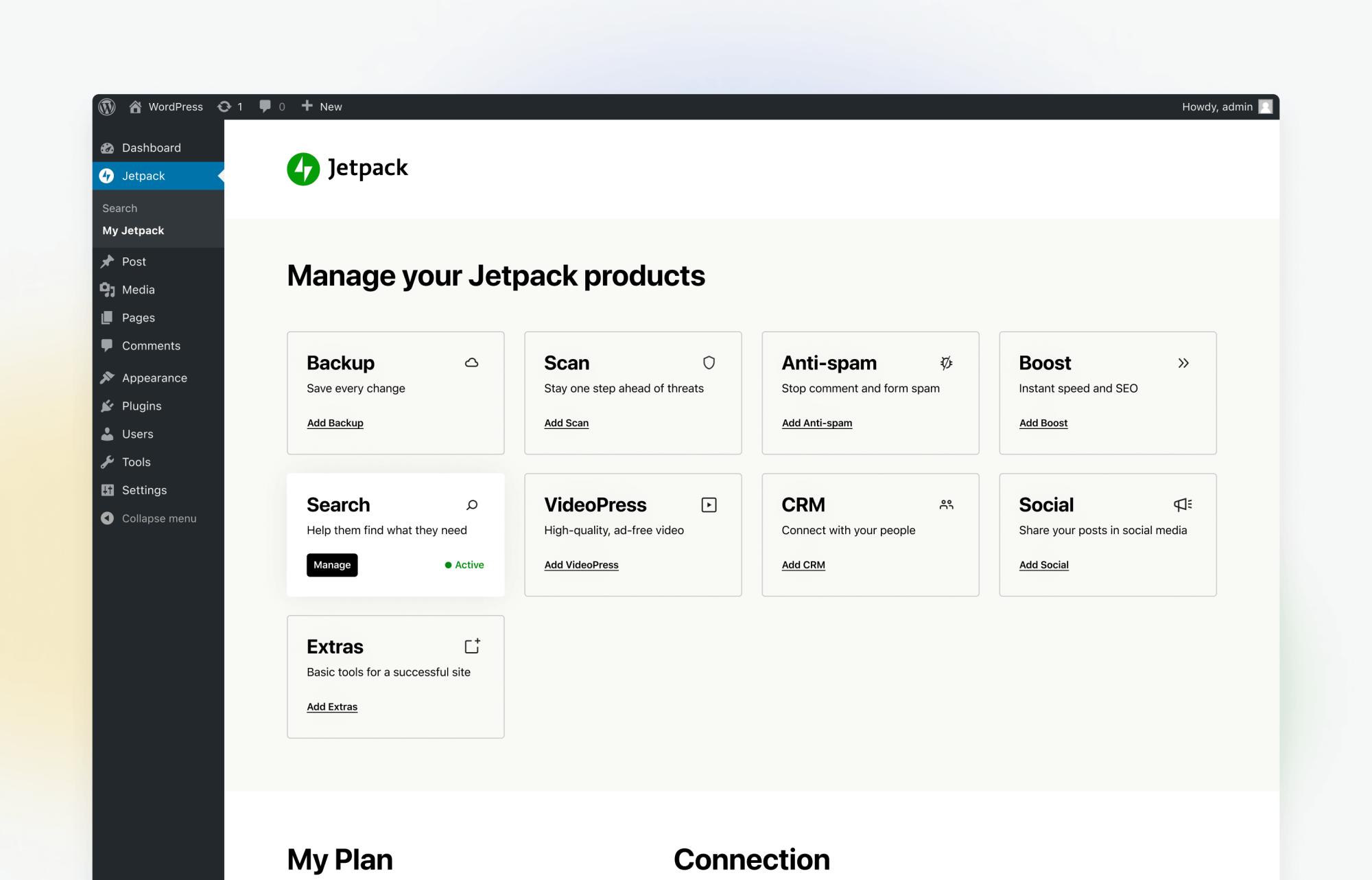 Interface de gerenciamento das ferramentas Jetpack dentro do WordPress.  (Mochila a jato)