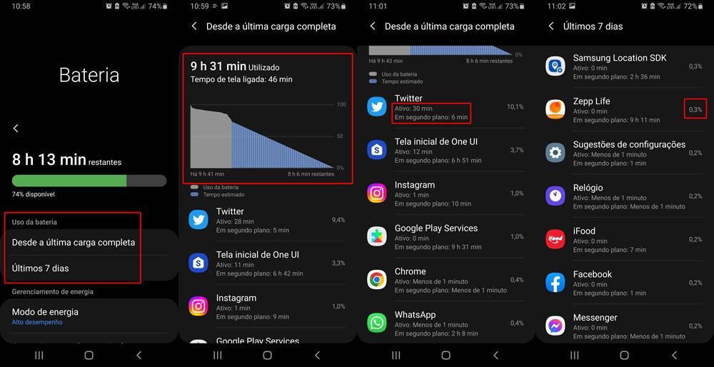 Você pode verificar o monitoramento do uso de bateria do Android, incluindo tempo de atividade e percentual de uso de energia dos apps