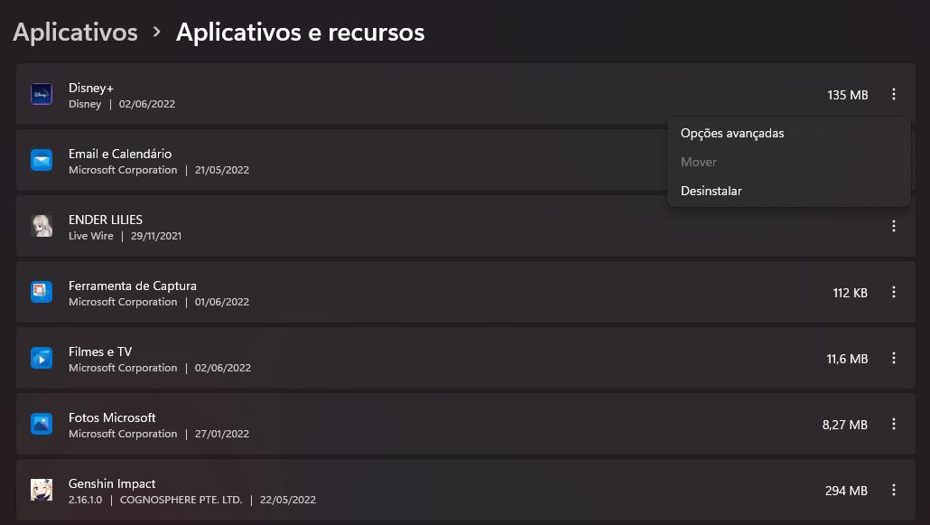 Configurações do Windows: Aplicativos e recursos. (Tecmundo)