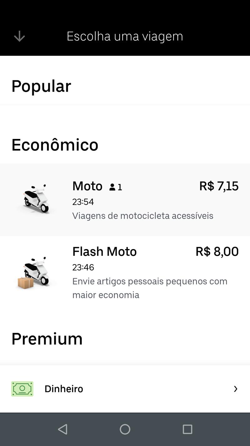 Área de seleção das opções com moto no aplicativo do Uber. (Fonte: TecMundo/Reprodução)