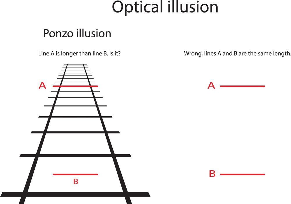 In the Ponzo Illusion, A appears larger than B, even if it is the same size.