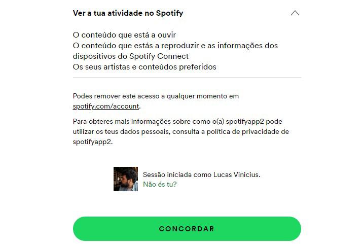 O primeiro passo é concordar com o acesso aos seus dados.