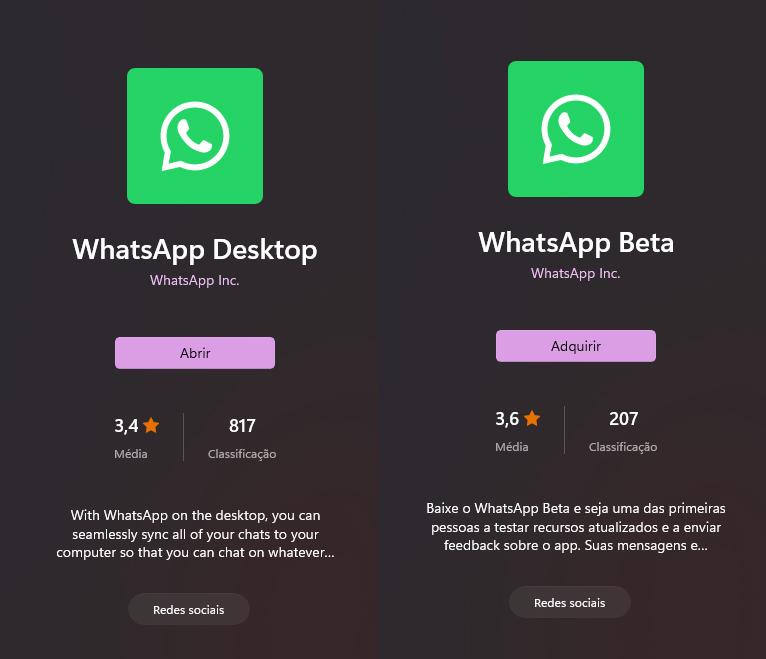 As duas versões do WhatsApp disponíveis na Microsoft Store podem ser encontrados facilmente pela barra de pesquisa. (TecMundo)