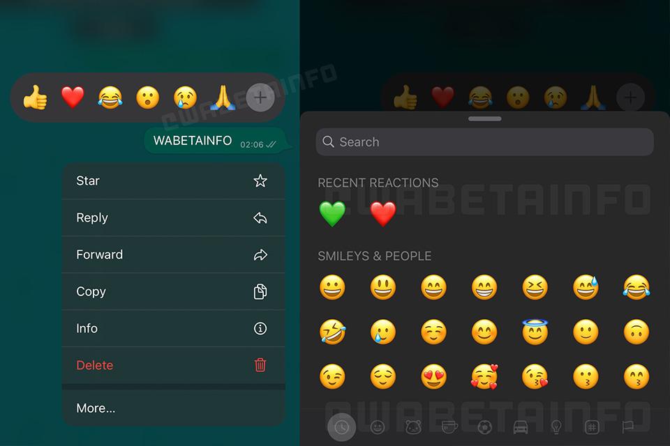 Interface de uso da nova seleção de emojis, no WhatsApp. (Fonte: WABetaInfo / Reprodução)
