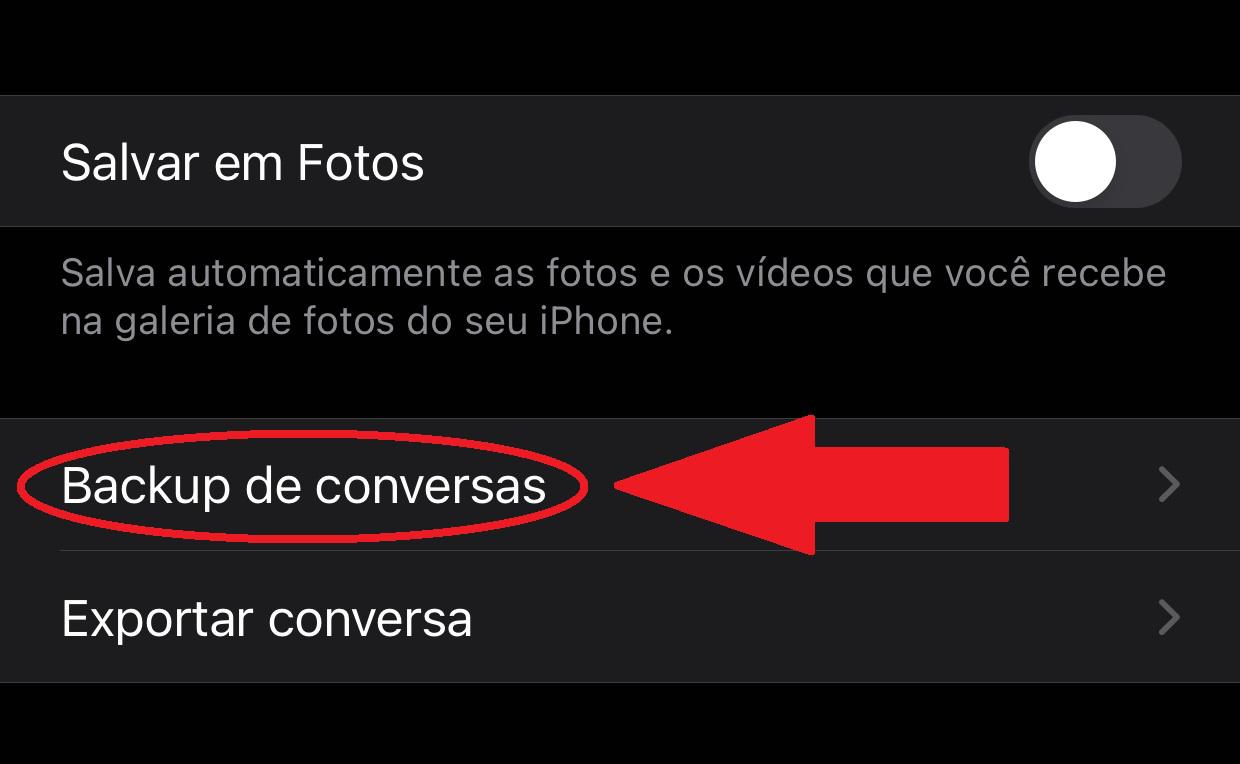 Em "Backup de conversas" você escolhe como salvar suas conversas