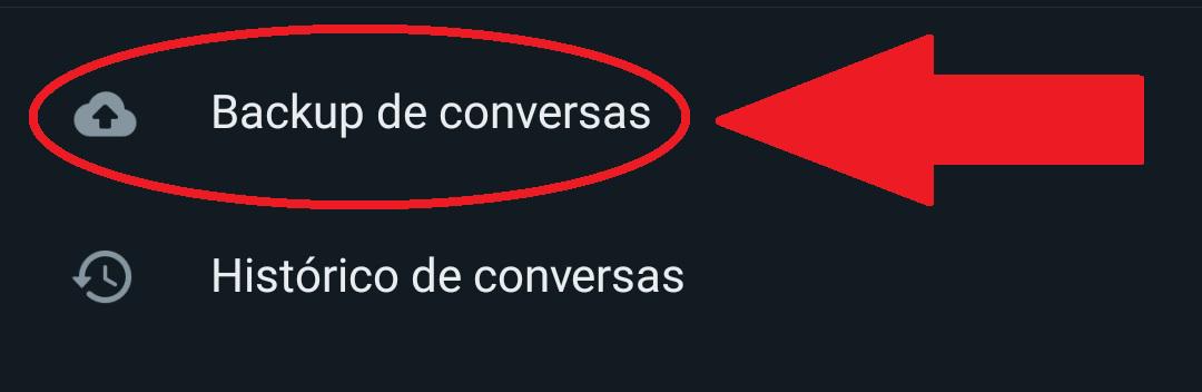 A opção "Backup de conversas" é uma das últimas da lista