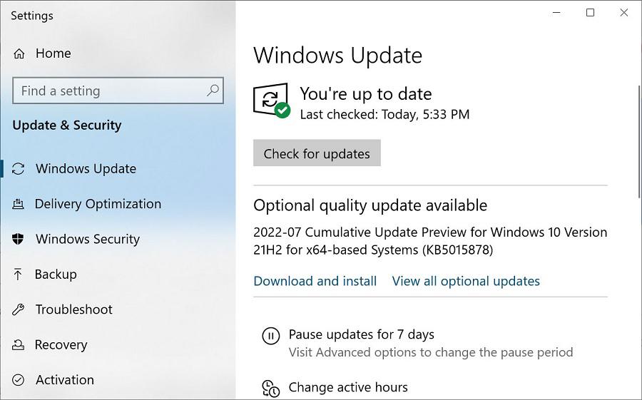 Tela de configurações de update do Windows