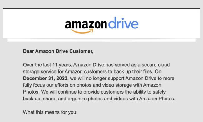 Usuários são avisados por e-mail sobre o fim do Amazon Drive.