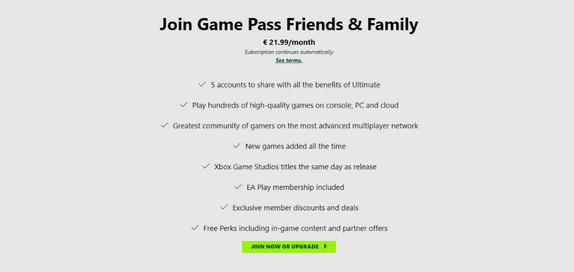 Lista dos benefícios presentes no Xbox Game Pass Amigos e Família. (Fonte: Microsoft/Reprodução)