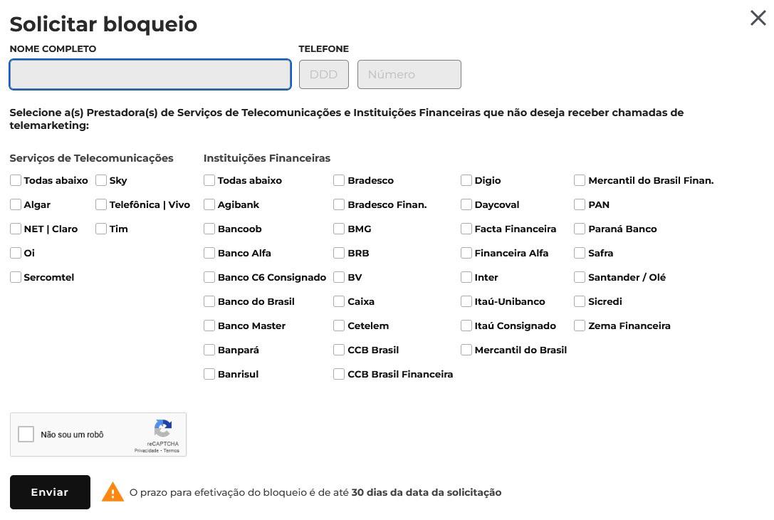 É possível escolher apenas algumas operadoras e insituições, ou bloquear todas elas