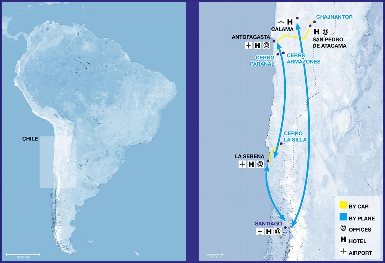 Locais de observação do ESO no Chile.
