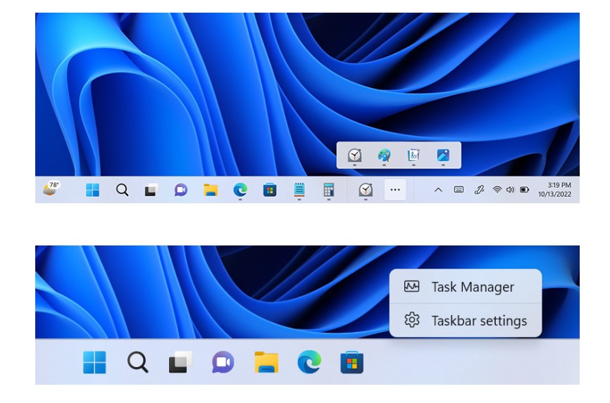 Taskbar now has floating menu and quick link to Task Manager.