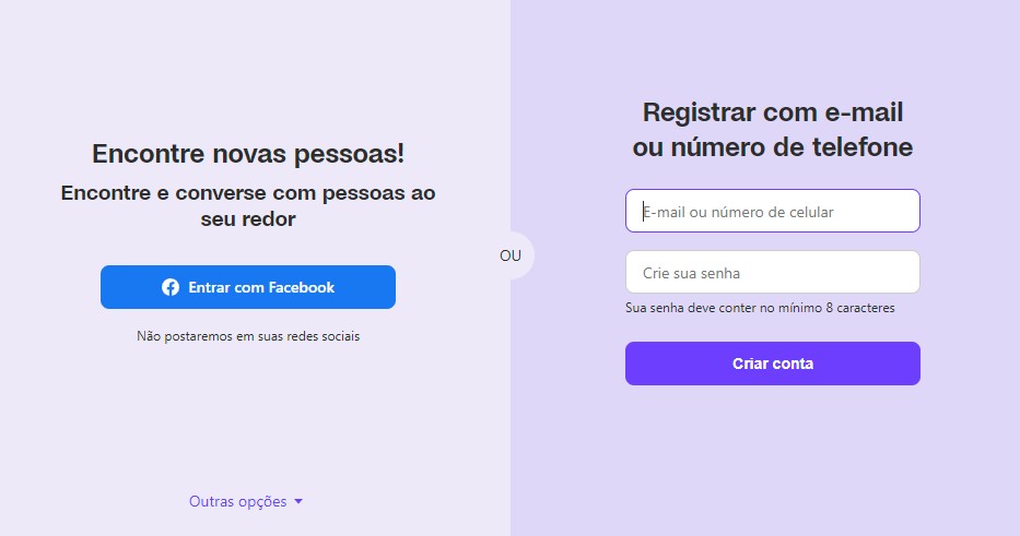 Você pode optar por importar seu perfil do Facebook, ou criar um usuário novo com seu e-mail ou celular