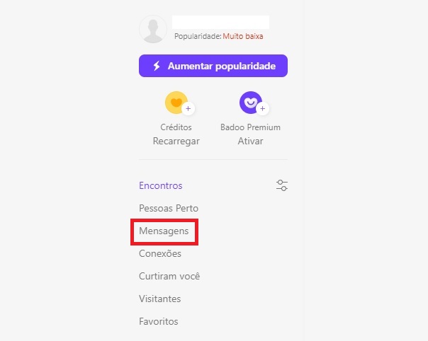 A opção "Mensagens" fica dentro da coluna "Encontros" à esquerda da tela