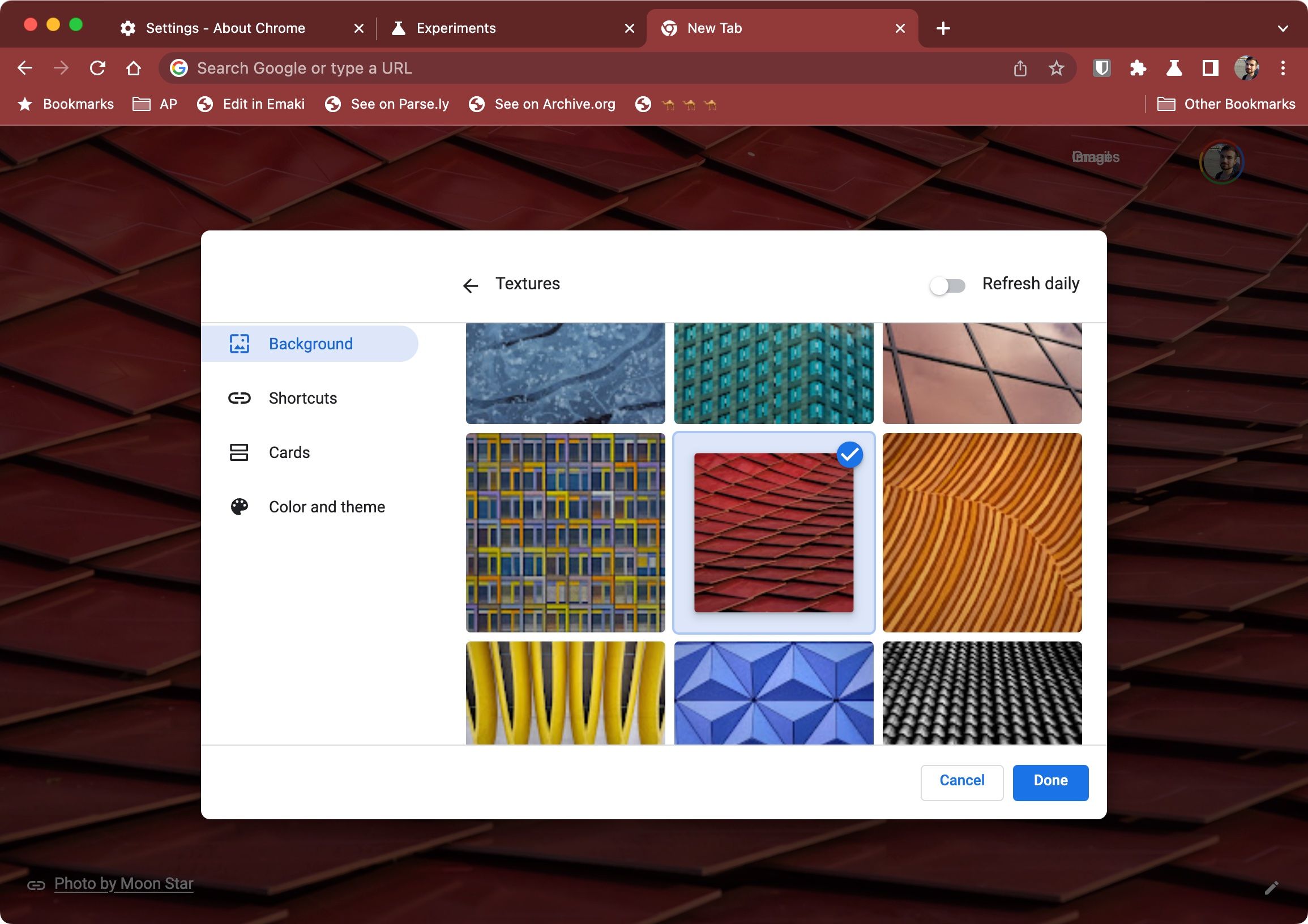 Com Material You, as cores do Chrome Canary se adaptam aos tons do papel de parede.