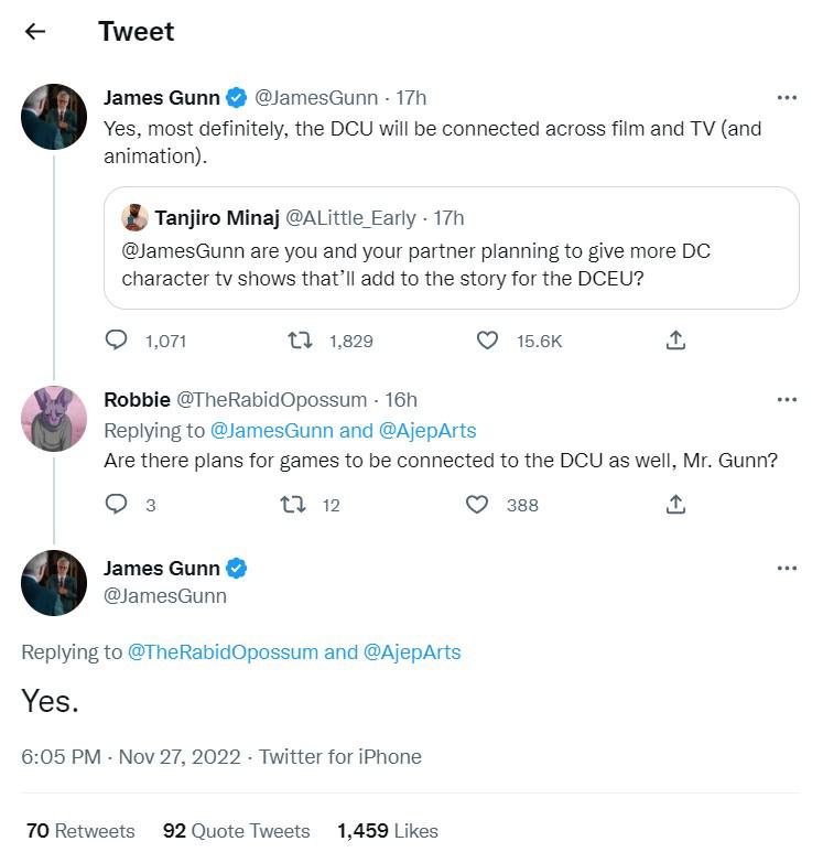 James Gunn afirmou no Twitter que jogos da DC podem se passar no mesmo universo que os filmes e séries de TV