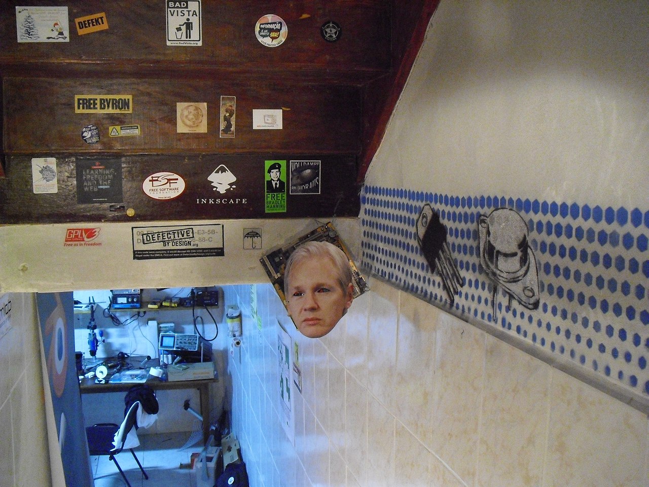 Stickers everywhere: Garoa Hacker Clube is the country's hacker experimentation ground (Source: Wikimedia Commons/Felipe Sanches)