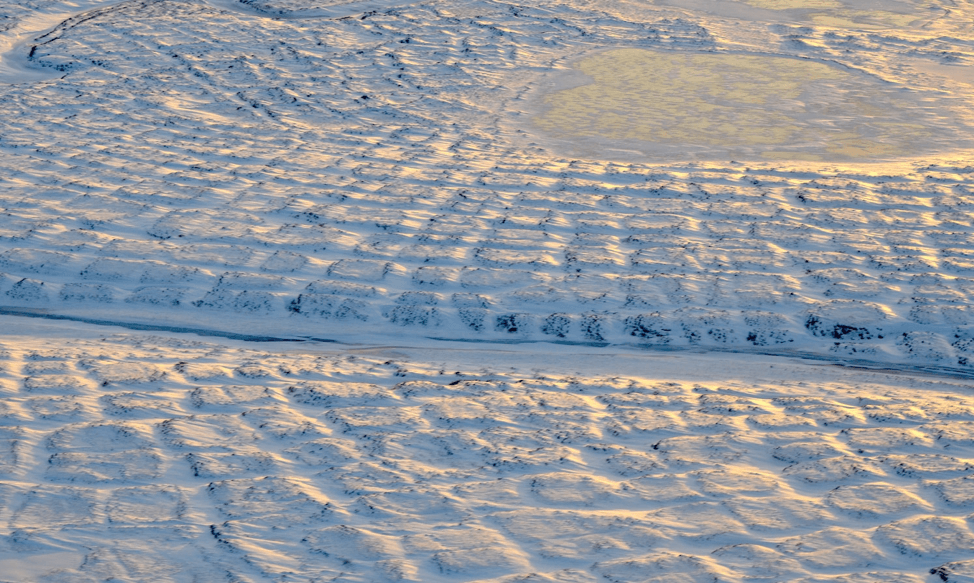 Permafrost covers large areas of the Earth.  Polygonal shapes seen in snow in parts of Alaska are a sign that the ice sheet is beginning to melt.