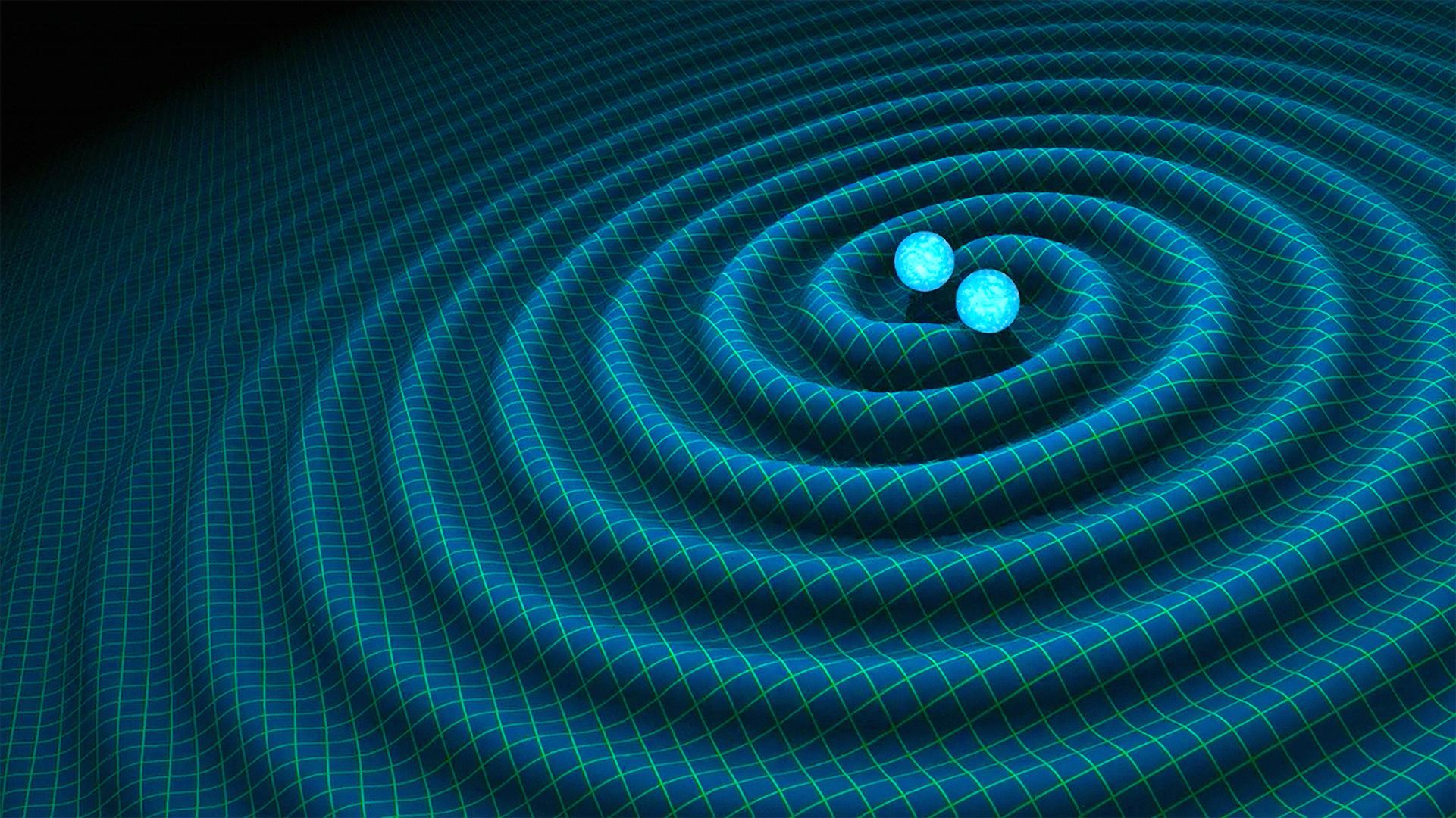 Artist's representation of the generation of gravitational waves from two binary stars.