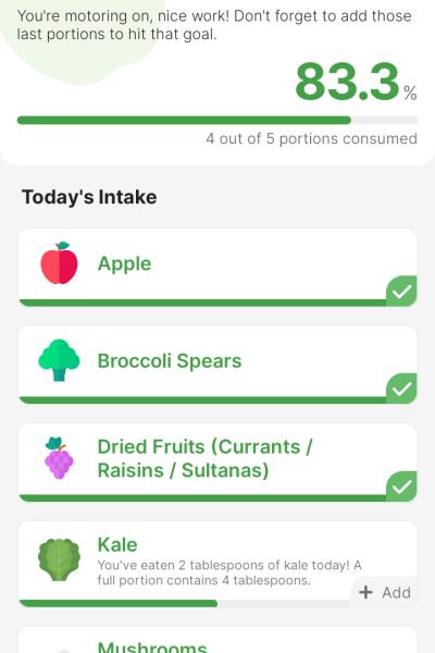 The interface is simple and shows how much of the daily goal has been achieved.  There is also a history in which food development was recorded.
