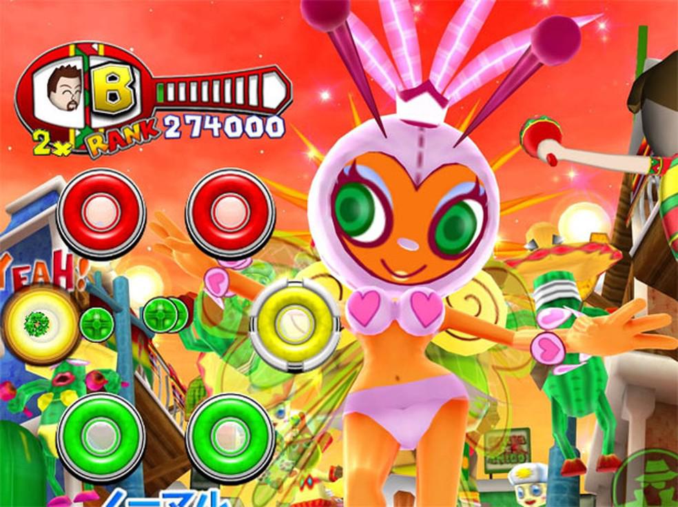 Com uma personagem vestida como passista, não tem como Samba de Amigo não ser considerado mais um dos jogos para o Carnaval. (Fonte: Sega/Reprodução)