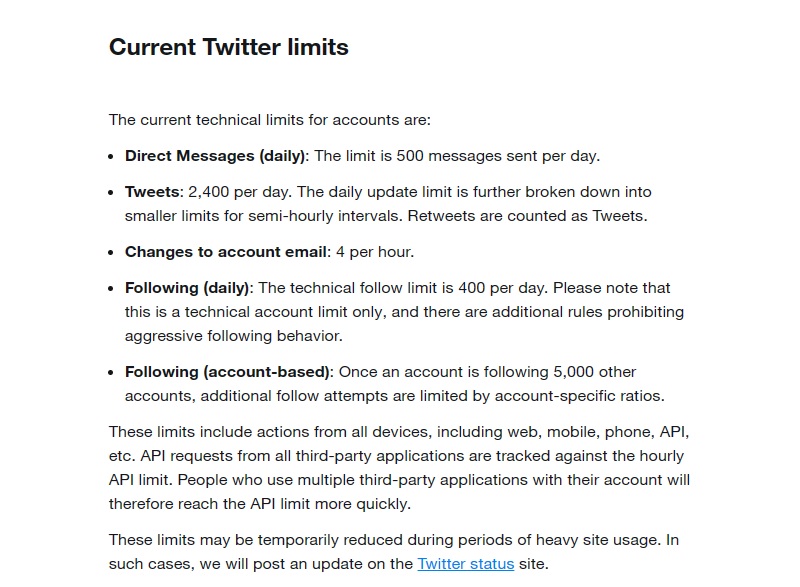 Atuais limites diários do Twitter