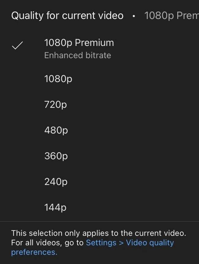 Imagem da nova opção “1080p Premium” do YouTube.