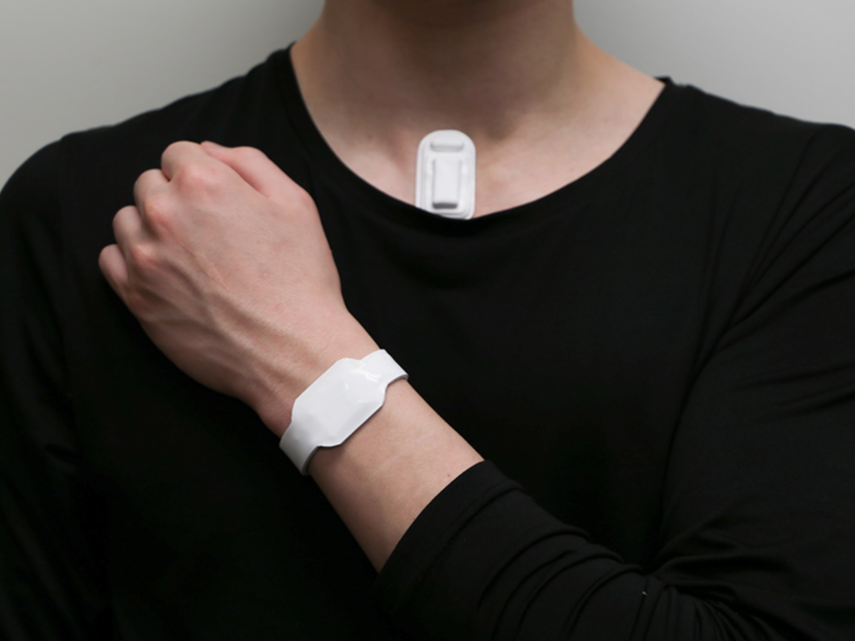 Flexible device sits on the chest to monitor vocal activity;  data can be shared with a smartwatch or wristband