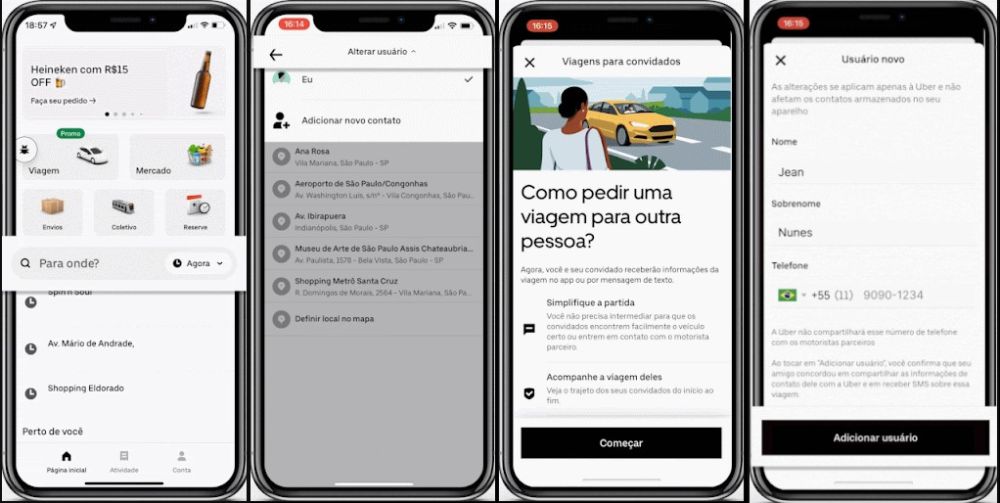 Função U-Convidado permite adicionar um novo usuário antes de solicitar uma corrida.