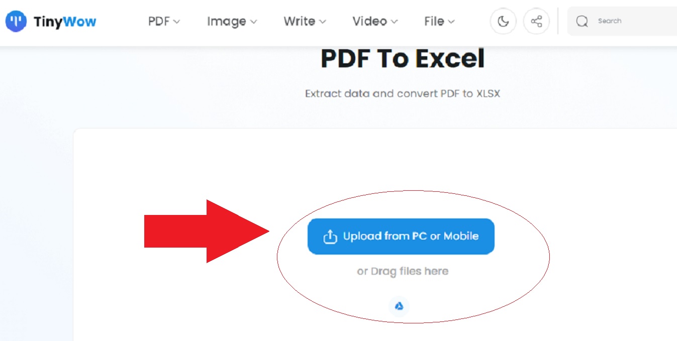 Upload PDF file to be converted to Excel