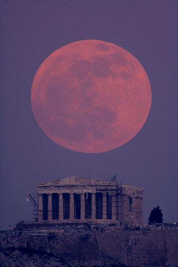 Moon over Parthenon, Greece.