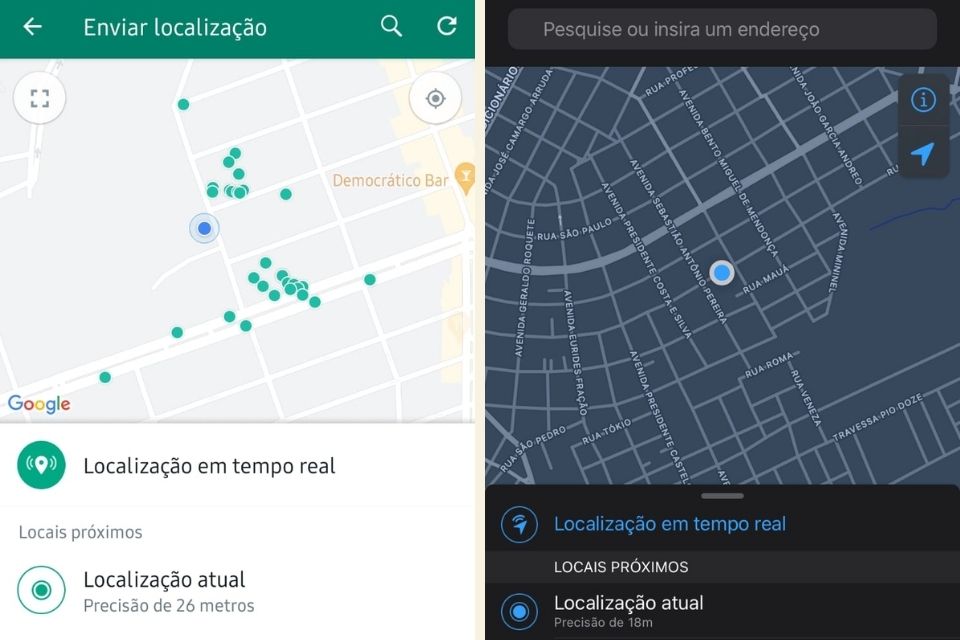 Opções de compartilhar localização em celular Android (à direita) e Iphone (à esquerda).