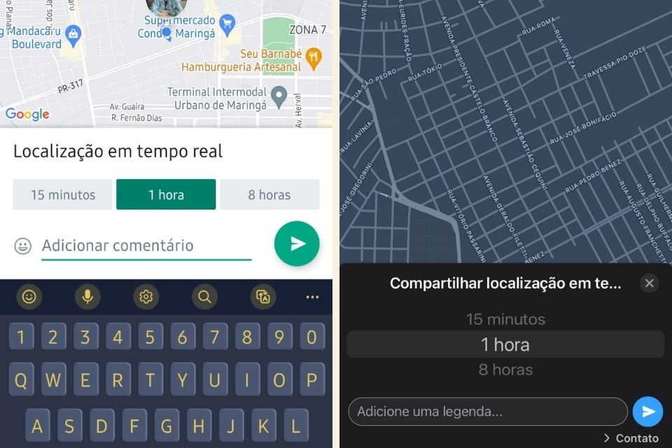 The fourth step to send location on WhatsApp (Android on the right, Iphone on the left).