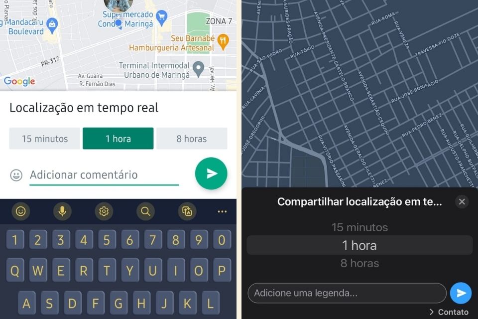 Quarto etapa para enviar localização no WhatsApp (Android à direita, Iphone à esquerda).