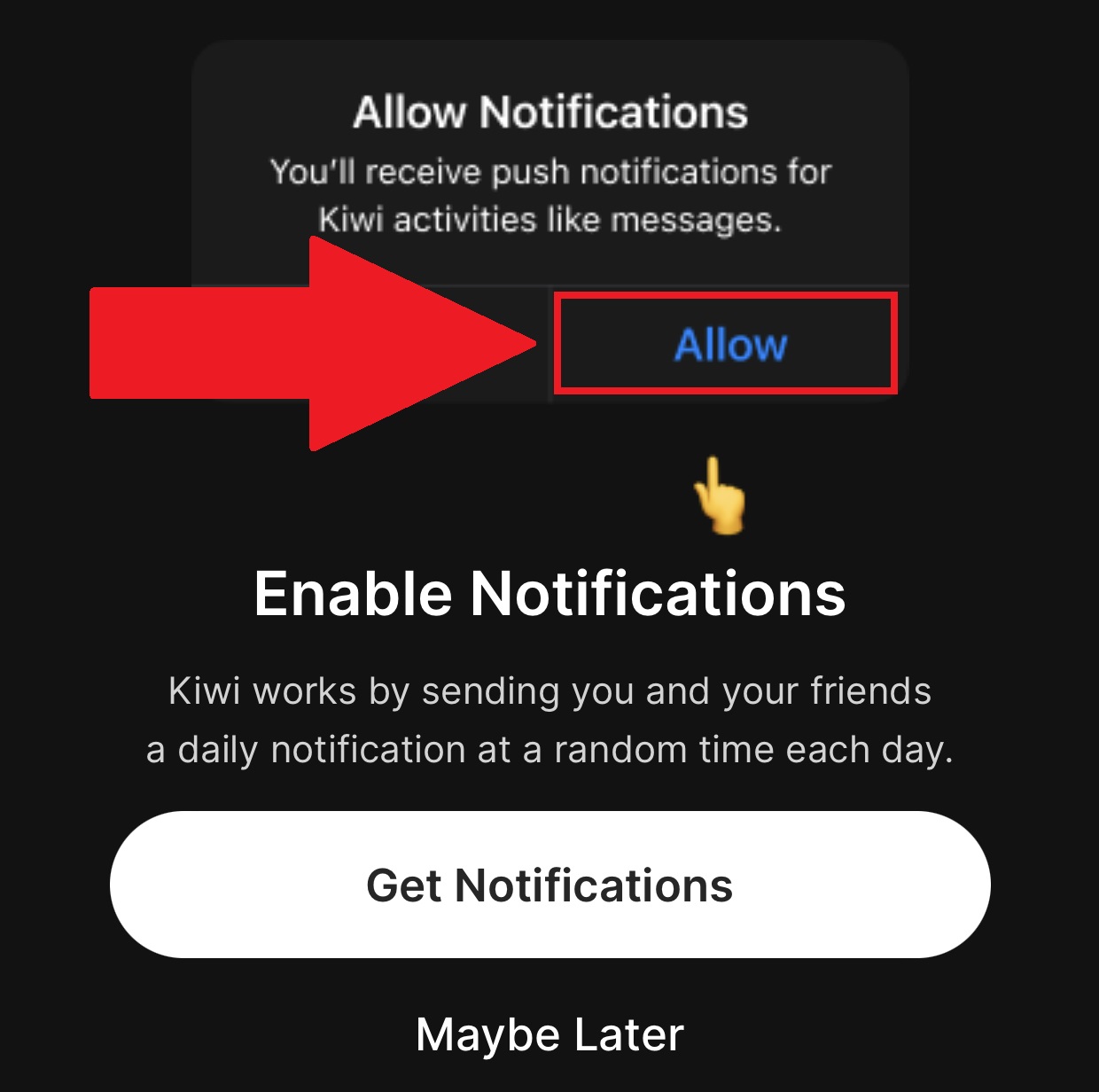 It is important that you allow notifications to be sent so you can be prompted for posting on Kiwi.