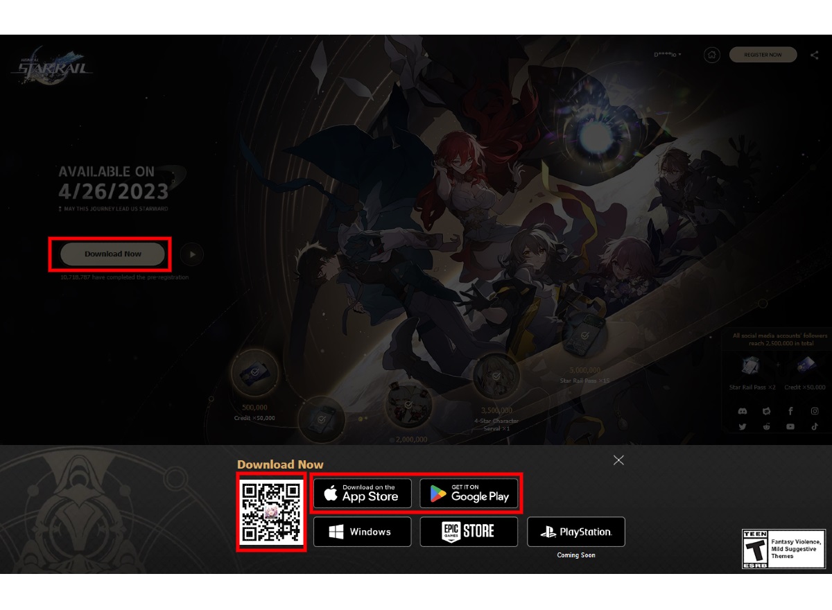 Página de Honkai: Star Rail direciona para links oficiais de instalação.