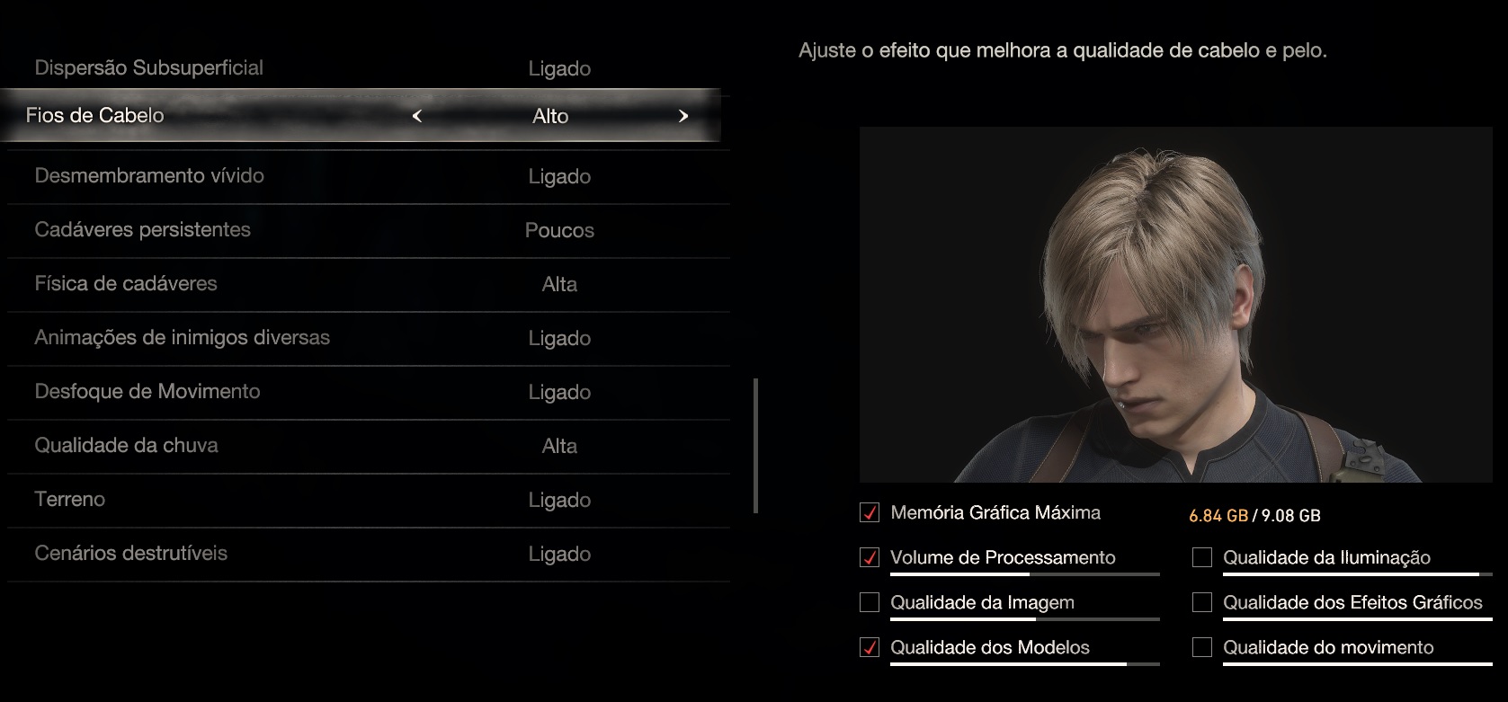 No PC, Resident Evil 4 permite escolher a qualidade dos gráficos para o cabelo de Leon