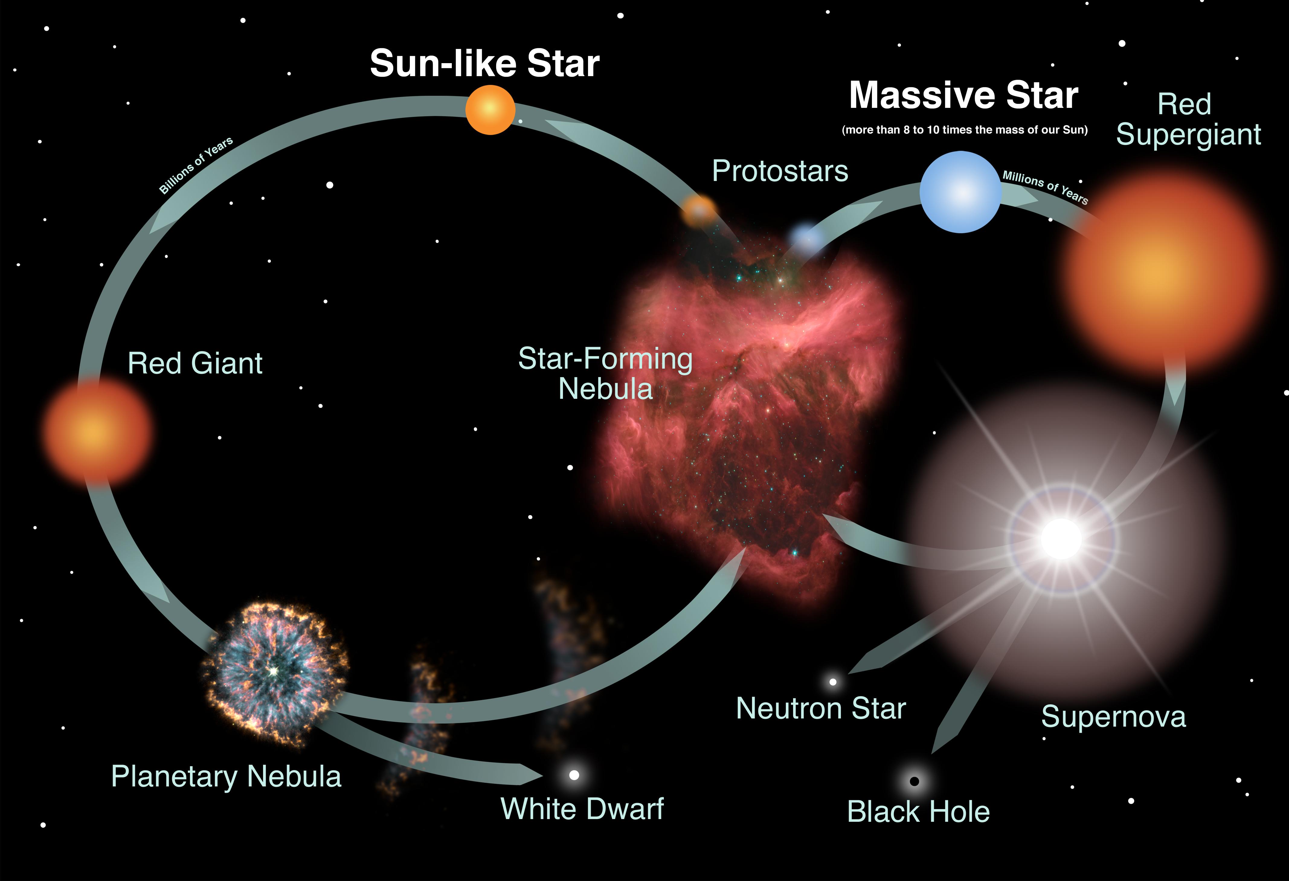 Schematic representation of the life cycle of stars.