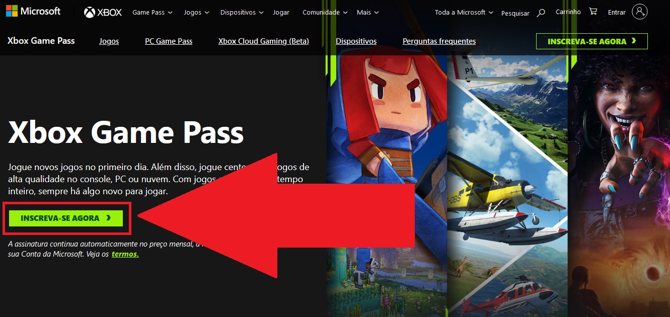 Clique no botão para começar o procedimento de assinatura do serviço Xbox Game Pass