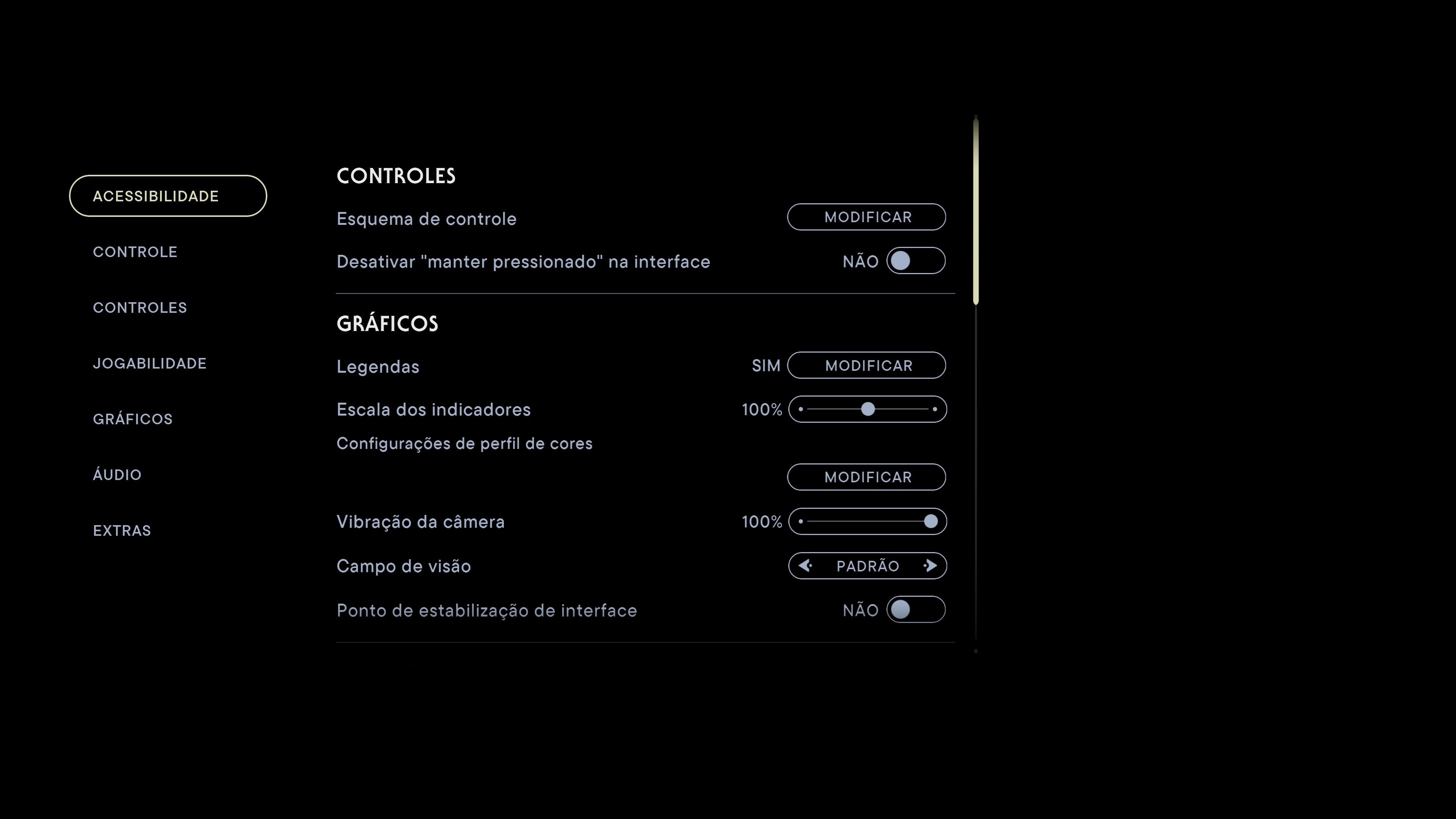 Descrição da Imagem: Menus de acessibilidade de controles