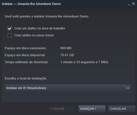 Você pode escolher o diretório onde o game será instalado, caso o sugerido não tenha espaço disponível