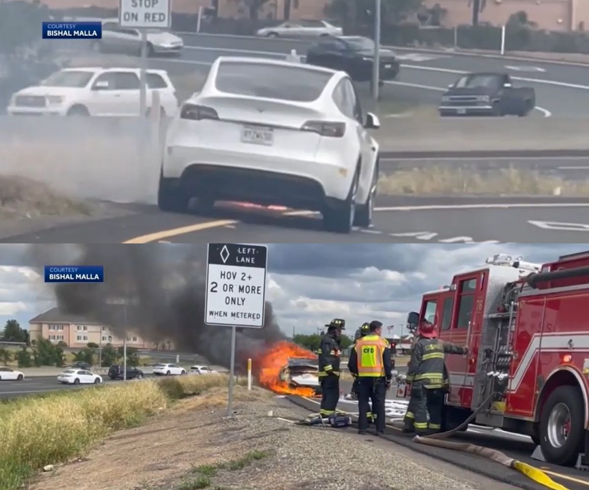 Tesla é engolido por chamas em rodovia dos EUA e fica totalmente destruído
