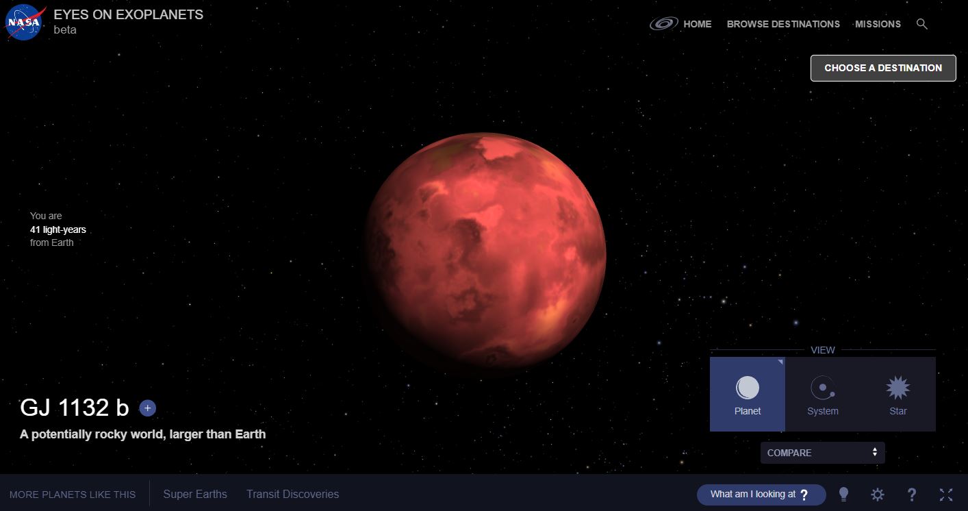 Captura de tela do mapa de visualização Eyes on Exoplanets; exoplaneta, também nomeado de planeta extrassolar, é o conceito de um planeta localizado fora do sistema solar.