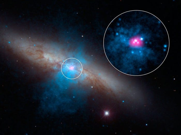 An ultra-bright X-ray source called M82 X-2 within the Messier 82 galaxy. (NASA/JPL-Caltech/SAO/NOAO)