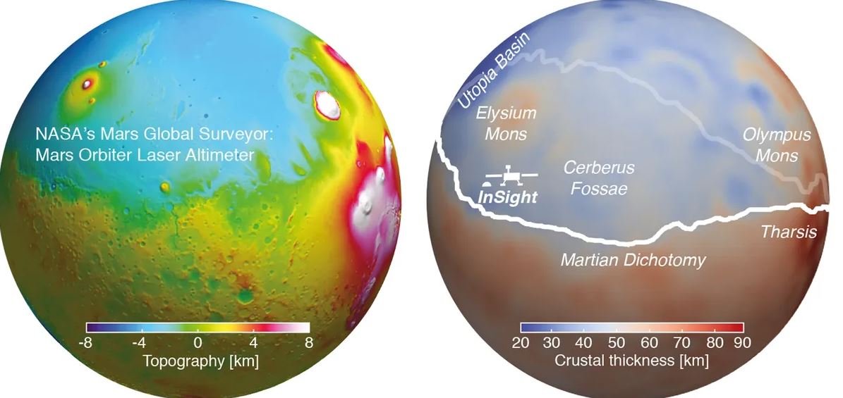 Pictured is a topographic map of Mars (left) and a representation of crustal thickness (right).