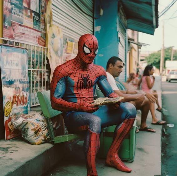 Homem-Aranha sentado em meio ao povo.